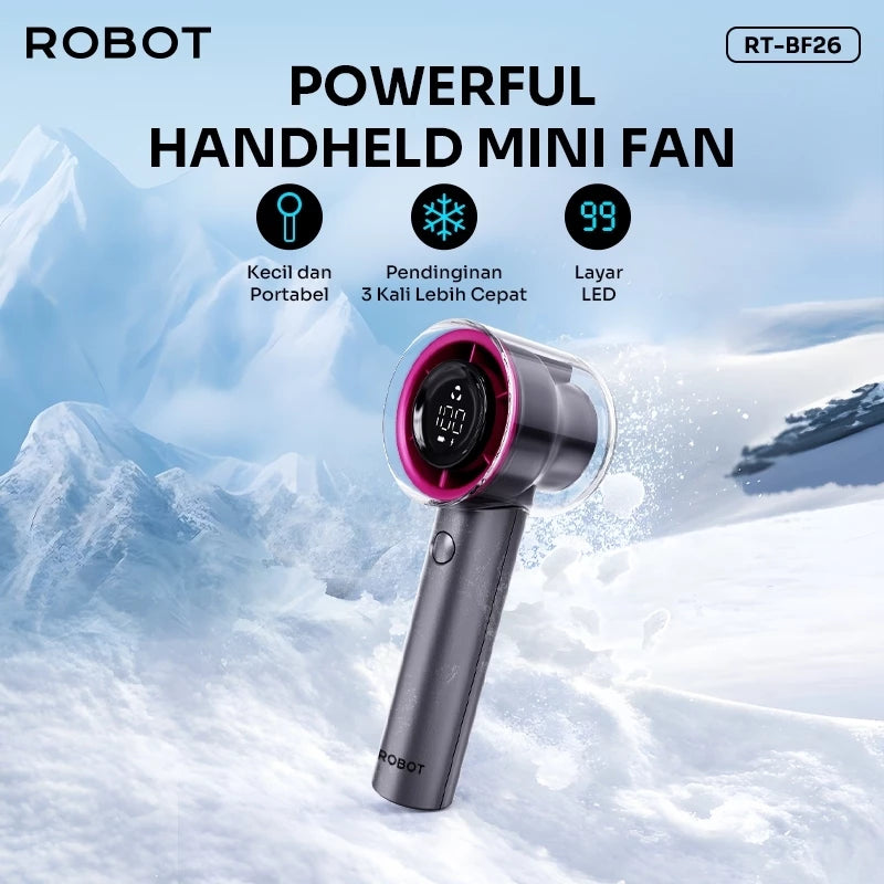 ROBOT Kipas Angin Mini Portable Genggam Powerful Handheld 3000mAh Mini Fan Grey 15000RPM Led Indicator RT-BF26 Original -