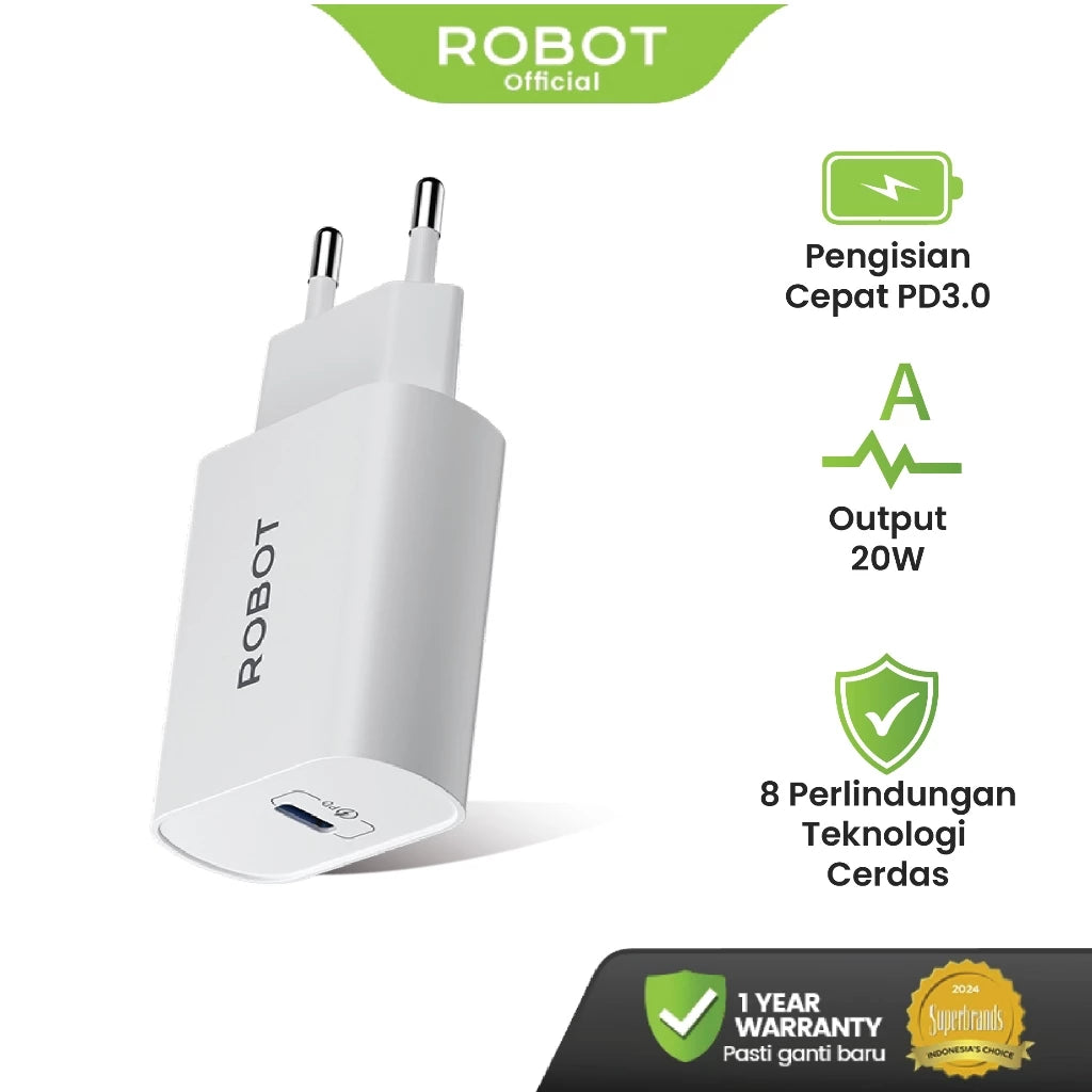 ROBOT Adaptor Charger Fast Charging 20W Power Delivery 3.0 untuk iPhone dan Android Colokan Kepala Charger Type C RT-L6 Original