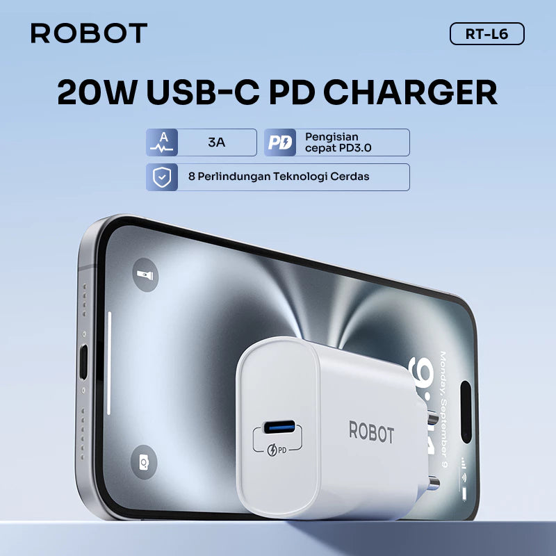 ROBOT Adaptor Charger Fast Charging 20W Power Delivery 3.0 untuk iPhone dan Android Colokan Kepala Charger Type C RT-L6 Original