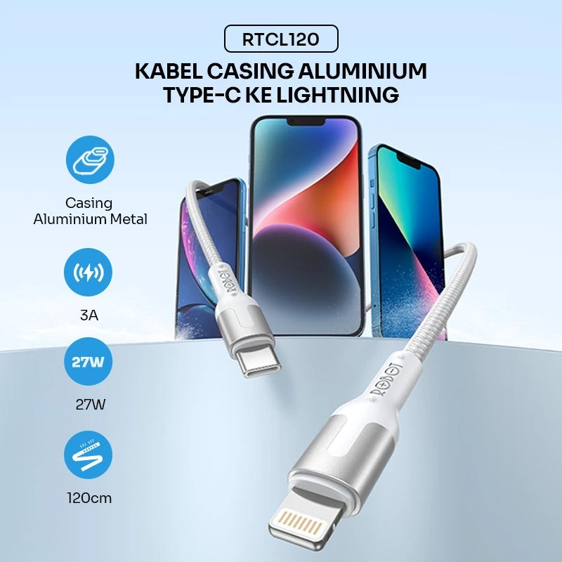 ROBOT Kabel Data Fast Charging 27W Kabel Charger Anti Kusut Type C to Lighting Kabel Data iPhone 1.2M RTCL120 Data Cable Fast