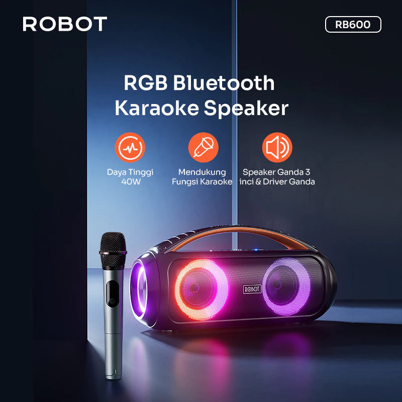 ROBOT Karaoke Speaker RGB Light Driver Ganda Wireless Microphone 40W IPX5 Bluetooth 5.3 RB600 Original - Garansi 1 Tahun