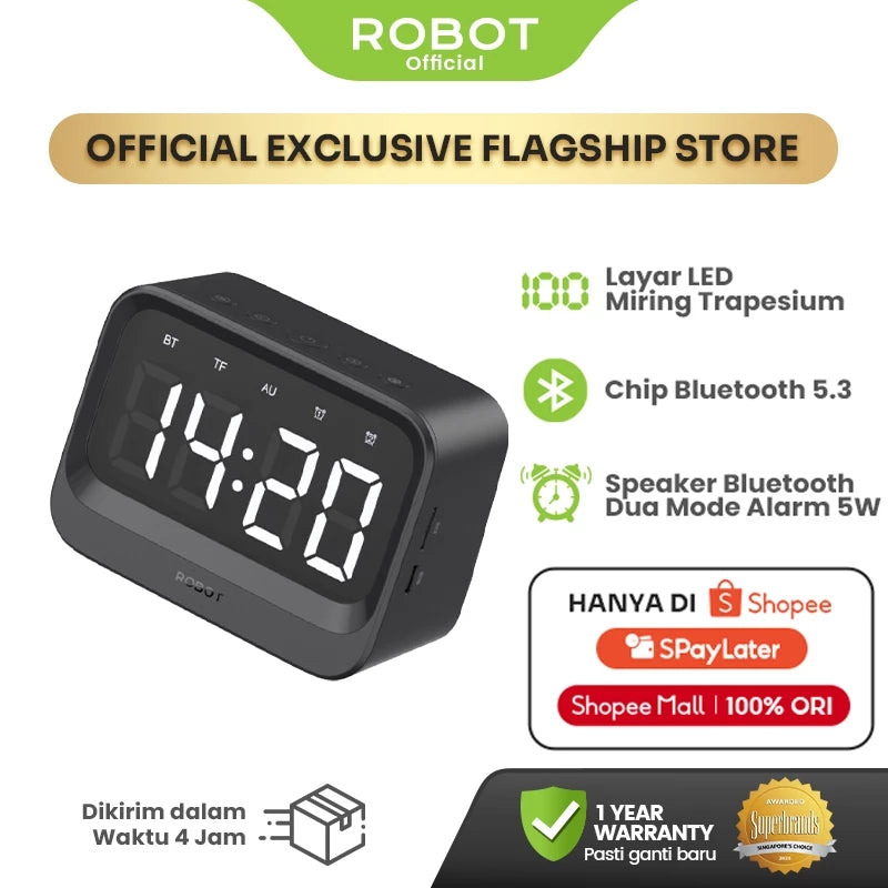 ROBOT RB620 Speaker Alarm – Jam LED Digital, Dual Smart Alarm, Bluetooth 5.3, Portable & Stylish, Garansi 1 Tahun