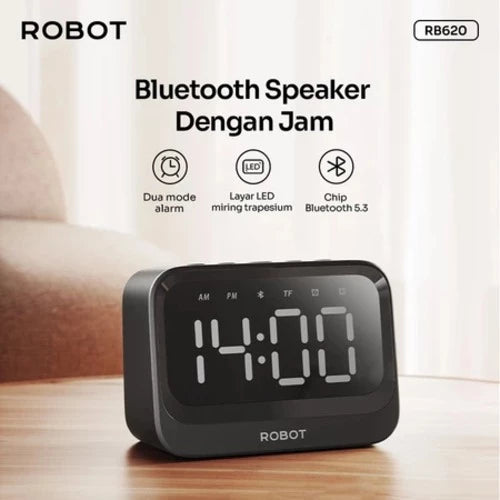 ROBOT RB620 Speaker Alarm – Jam LED Digital, Dual Smart Alarm, Bluetooth 5.3, Portable & Stylish, Garansi 1 Tahun