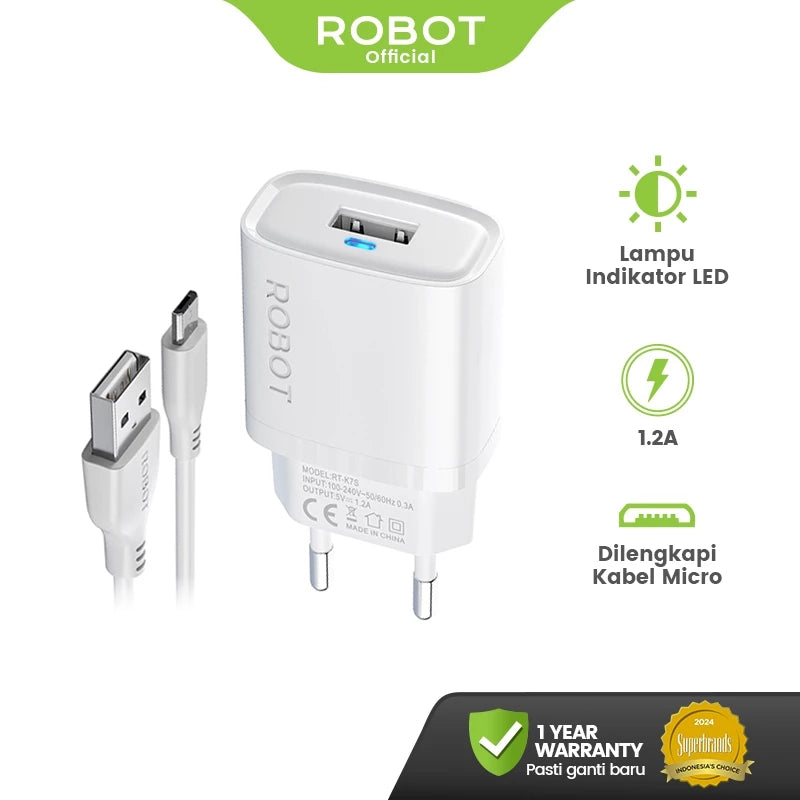 ROBOT Adaptor Kepala Charger 1.2A Lampu Indikator LED with Micro Cable Adaptor Android Smart Phone Charger RT-K7S Original