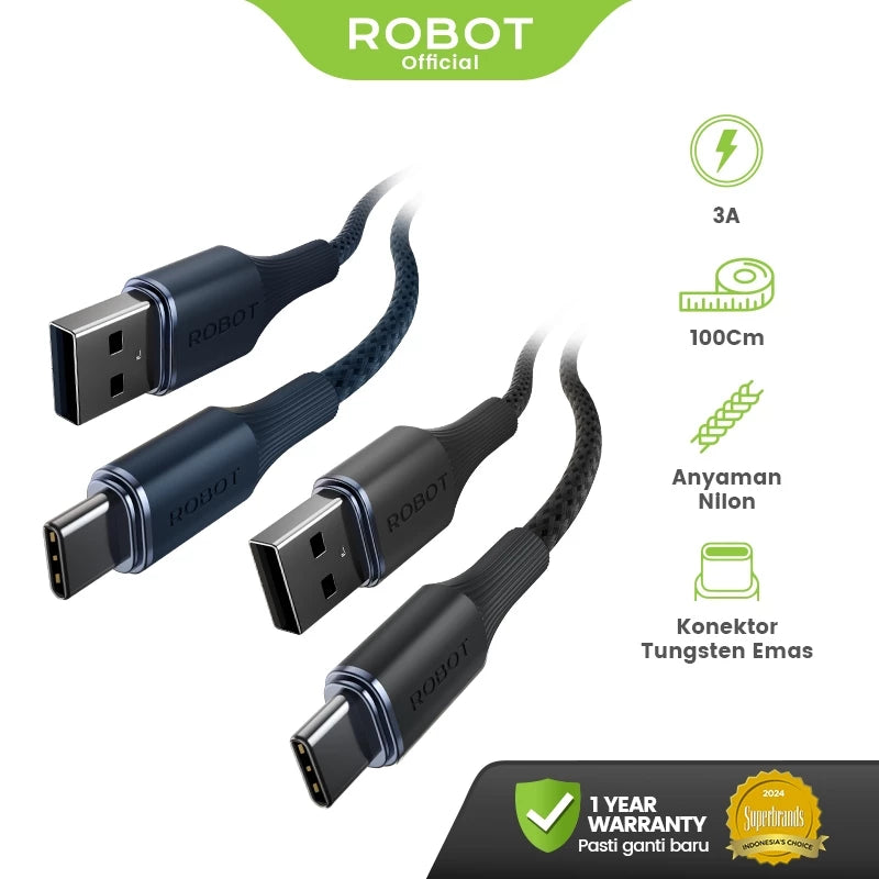 ROBOT Kabel Data Type C Micro USB Lightning Fast Charging Pengisian dan Transfer Data Cepat 480Mbps 2in1 Kuat Anti Kusut