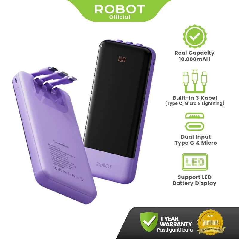 Powerbank ROBOT 10000mAH RP-101L 2.1A 3 Kabel Built-in Type C Lightning Micro Original - Garansi 1 Tahun
