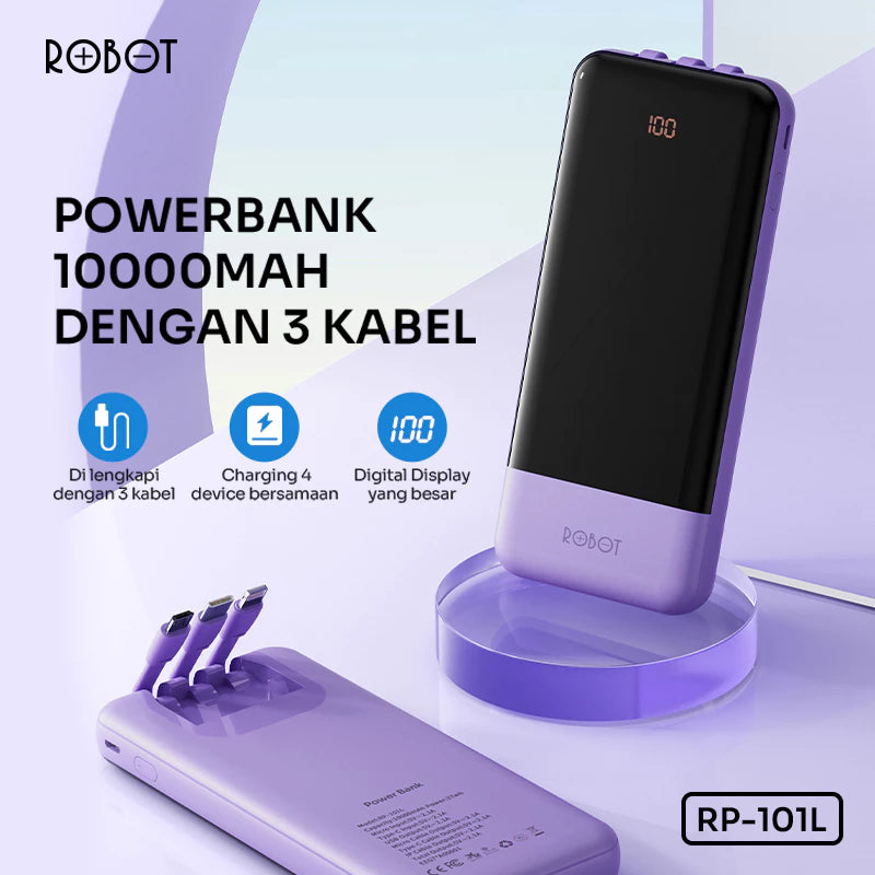 Powerbank ROBOT 10000mAH RP-101L 2.1A 3 Kabel Built-in Type C Lightning Micro Original - Garansi 1 Tahun
