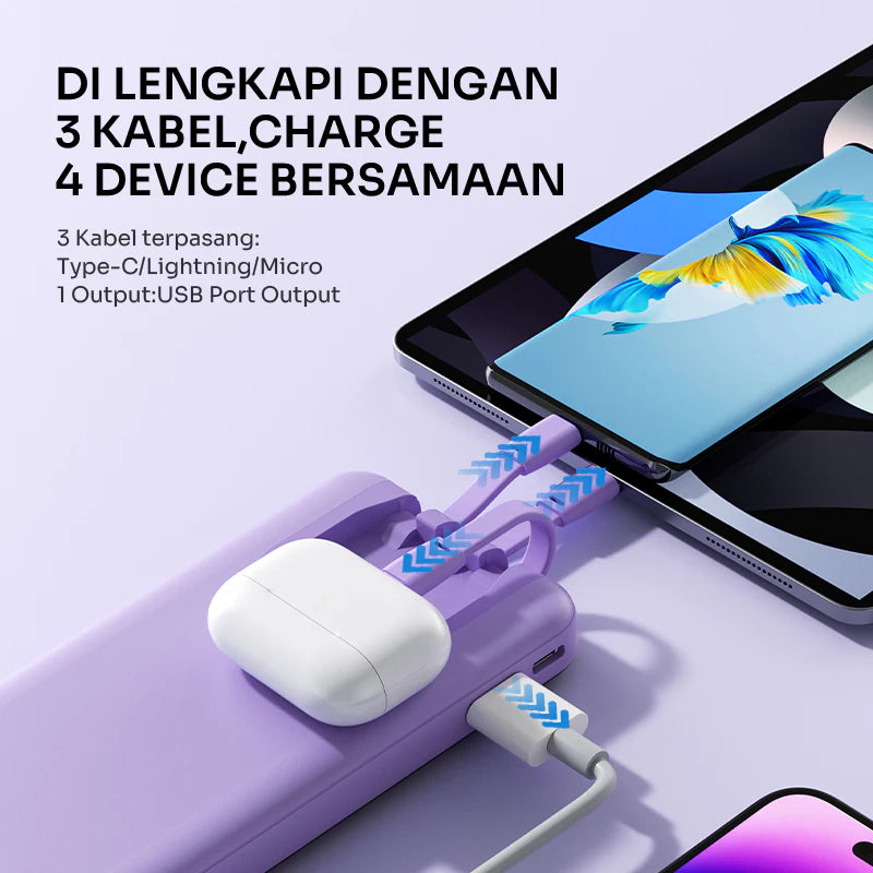Powerbank ROBOT 10000mAH RP-101L 2.1A 3 Kabel Built-in Type C Lightning Micro Original - Garansi 1 Tahun