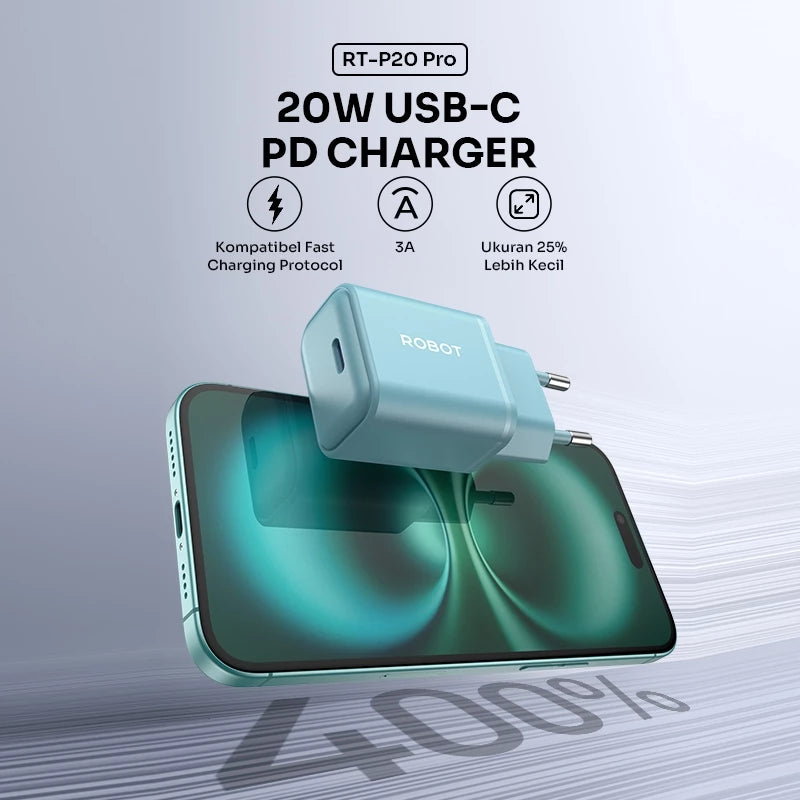 ROBOT Adaptor Charger GaN 20W Fast Charging 3A PD With Type C Cable Temperature Control Kepala Charger for Android/Iphone RT-P20