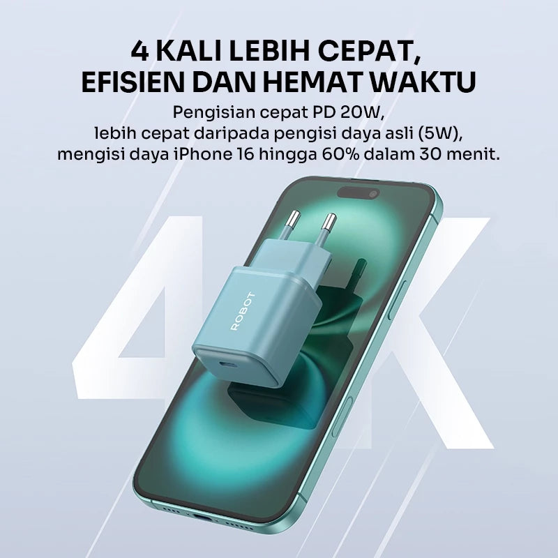 ROBOT Adaptor Charger GaN 20W Fast Charging 3A PD With Type C Cable Temperature Control Kepala Charger for Android/Iphone RT-P20