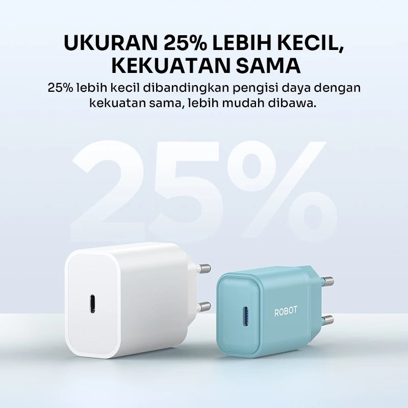 ROBOT Adaptor Charger GaN 20W Fast Charging 3A PD With Type C Cable Temperature Control Kepala Charger for Android/Iphone RT-P20