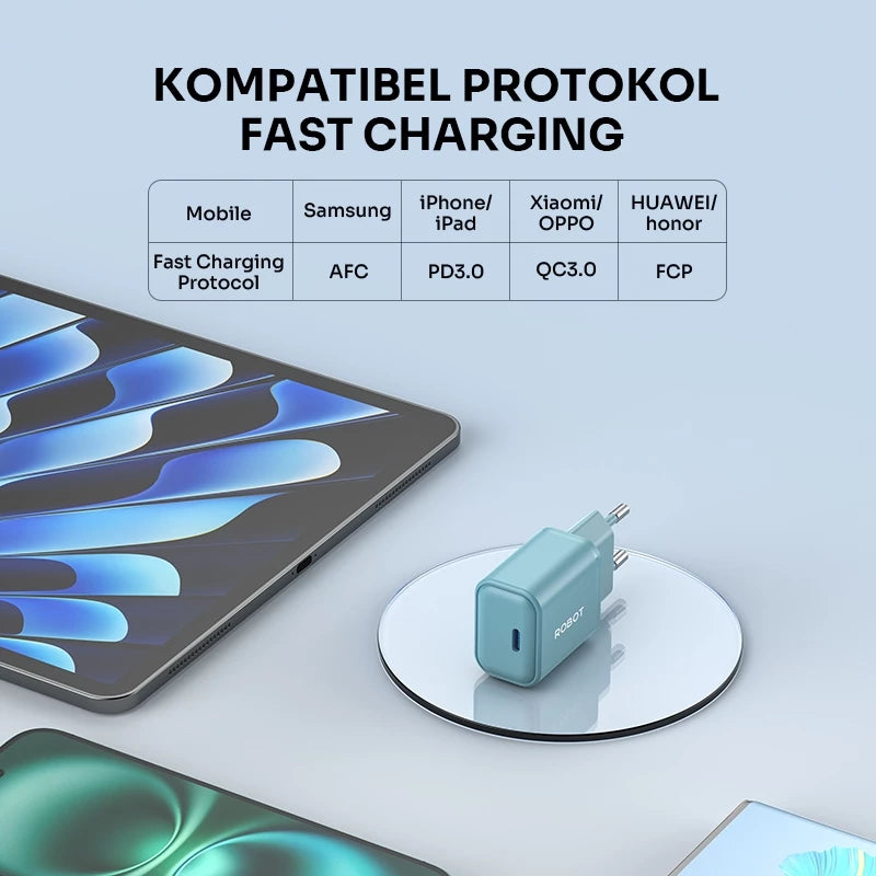 ROBOT Adaptor Charger GaN 20W Fast Charging 3A PD With Type C Cable Temperature Control Kepala Charger for Android/Iphone RT-P20