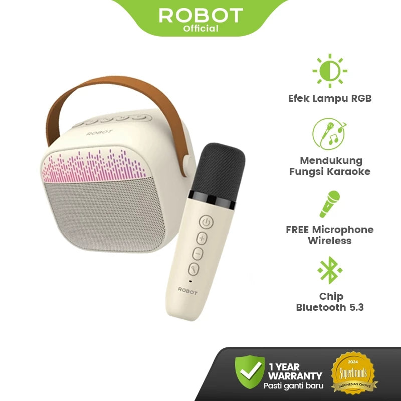 ROBOT Speaker Karaoke Bluetooth Portabel Microphone Set RGB Light Speaker Mini Full Bass Bluetooth 5.3 RB50 Original - Garansi 1