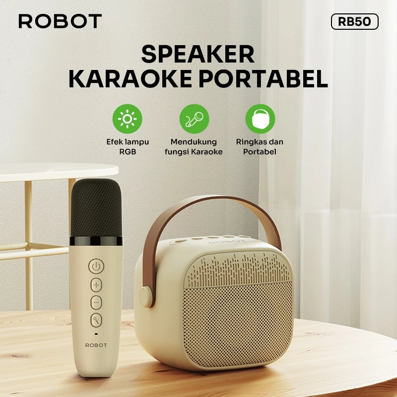 ROBOT Speaker Karaoke Bluetooth Portabel Microphone Set RGB Light Speaker Mini Full Bass Bluetooth 5.3 RB50 Original - Garansi 1