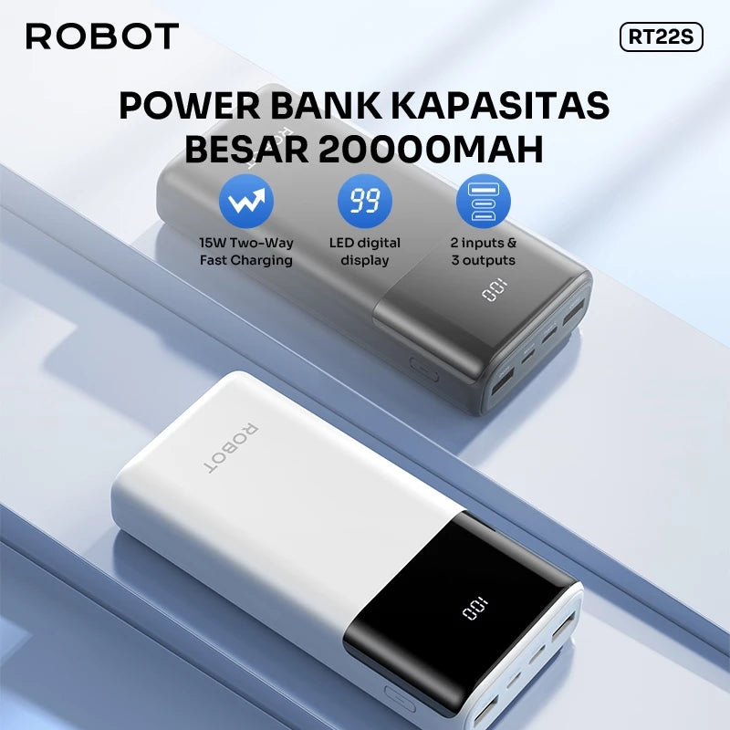 ROBOT Powerbank Fast Charging 20000mAh 15W 2 Input 3 Output with LED RT22S Original - Garansi 1 Tahun