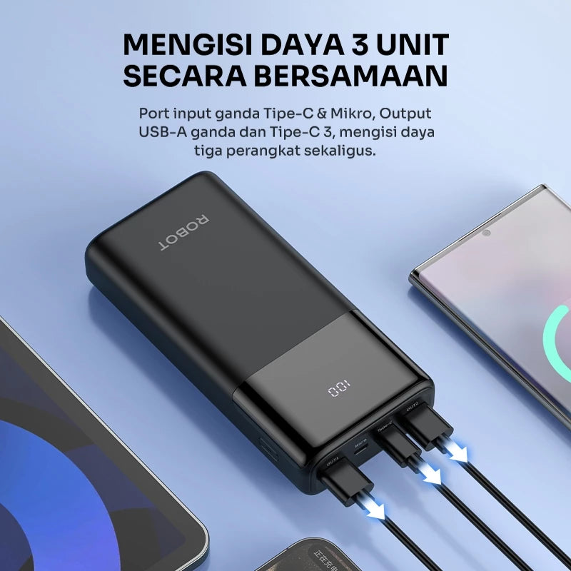 ROBOT Powerbank Fast Charging 20000mAh 15W 2 Input 3 Output with LED RT22S Original - Garansi 1 Tahun
