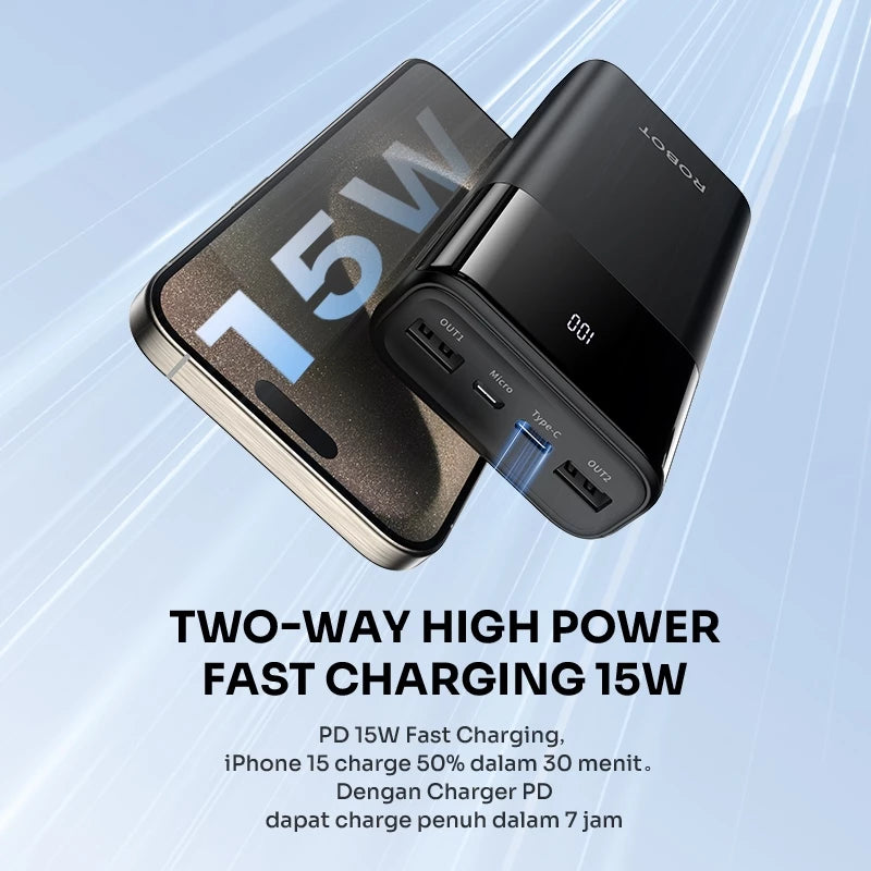 ROBOT Powerbank Fast Charging 20000mAh 15W 2 Input 3 Output with LED RT22S Original - Garansi 1 Tahun